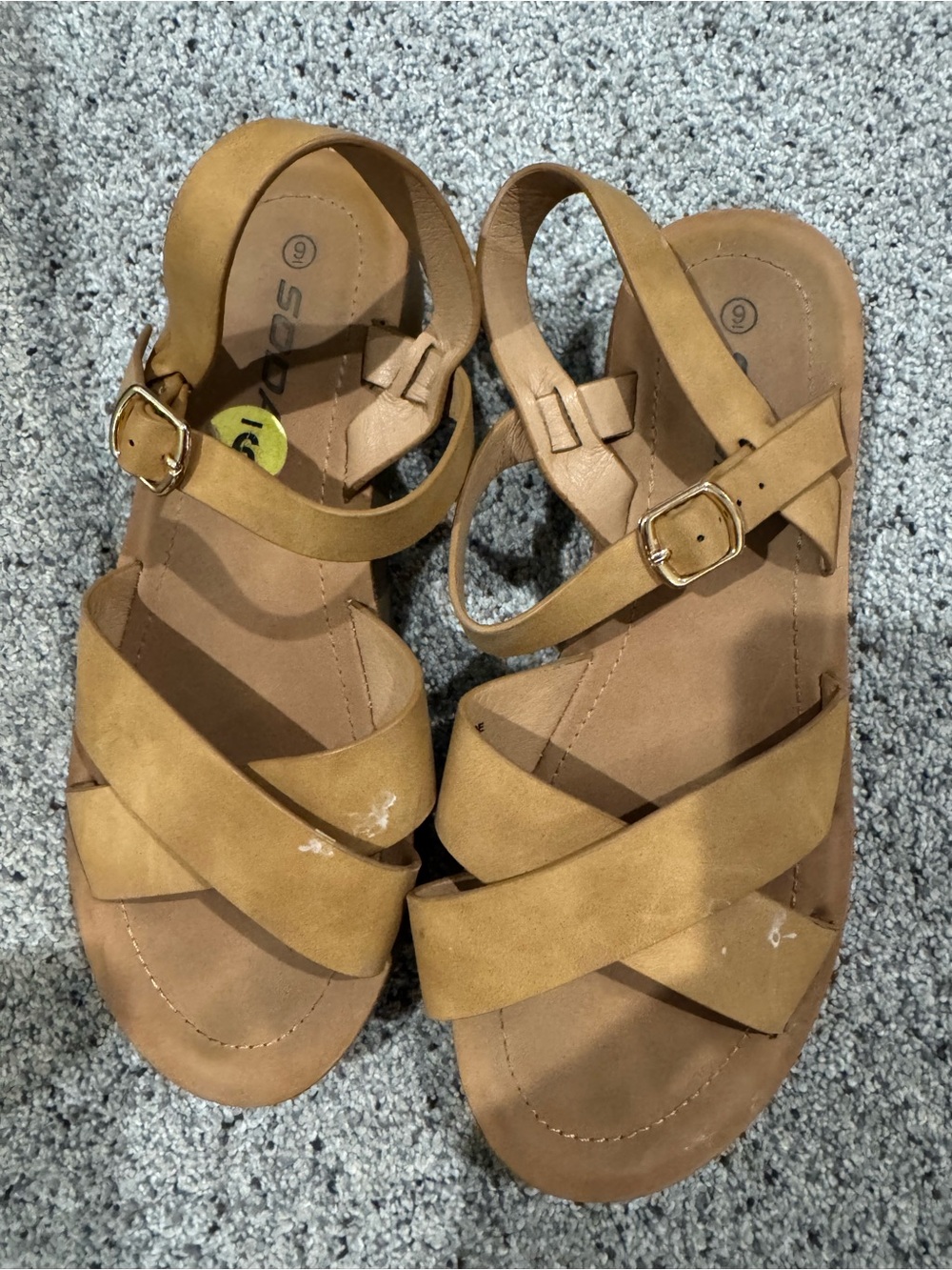 Soda Tan Strappy Women's Sandals with Gold Buckles